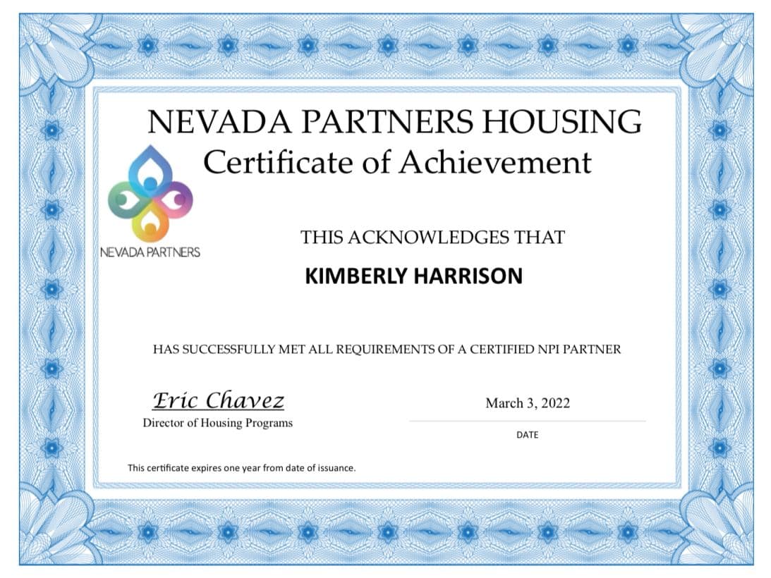 Nevada Partners Housing Certificate 